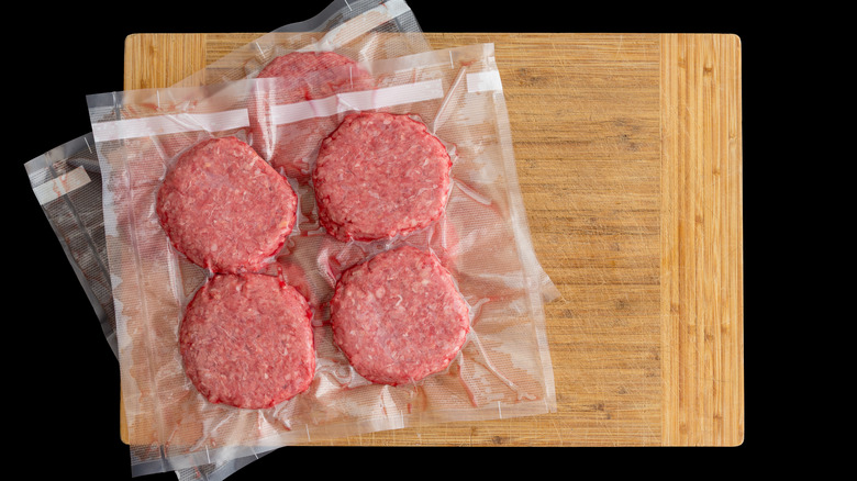 Burger patties in vacuum sealed bag