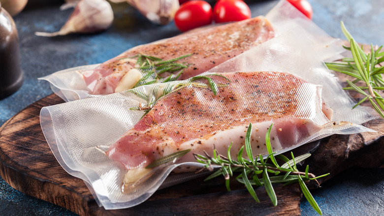 Vacuum sealed steak with herbs 