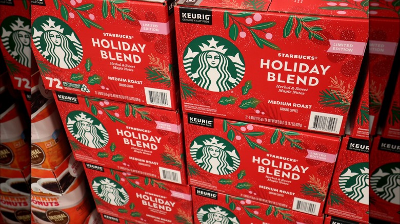 Starbucks' Holiday Blend Keurig cup packages on store shelf