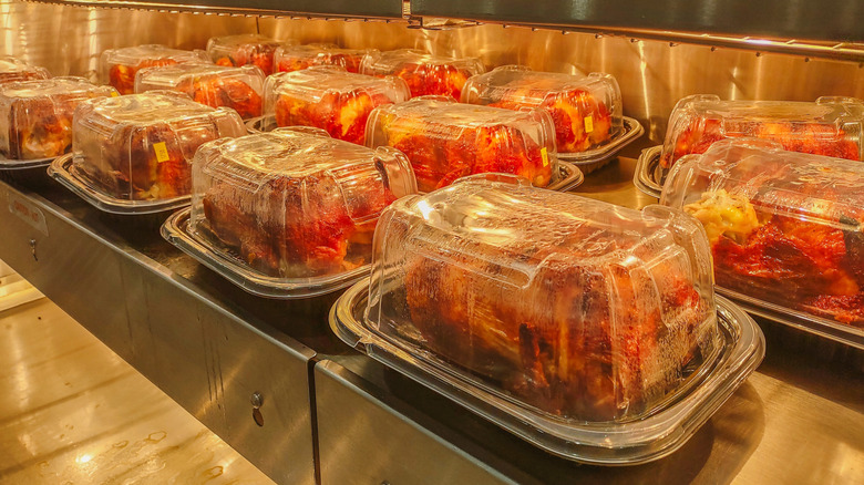 Packaged rotisserie chickens displayed