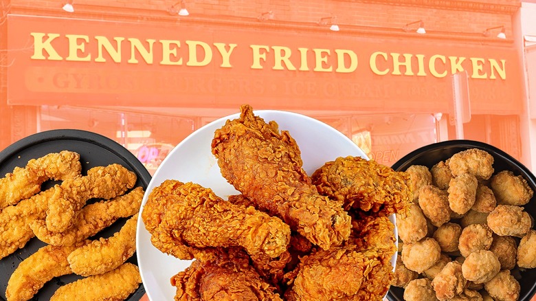 Three Kennedy Fried Chicken dishes against an orange-filtered restaurant exterior