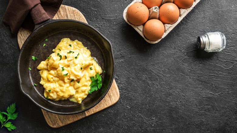 Scrambled eggs in cast iron pan