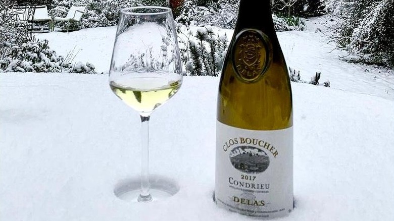 Wine bottle and glass in snow