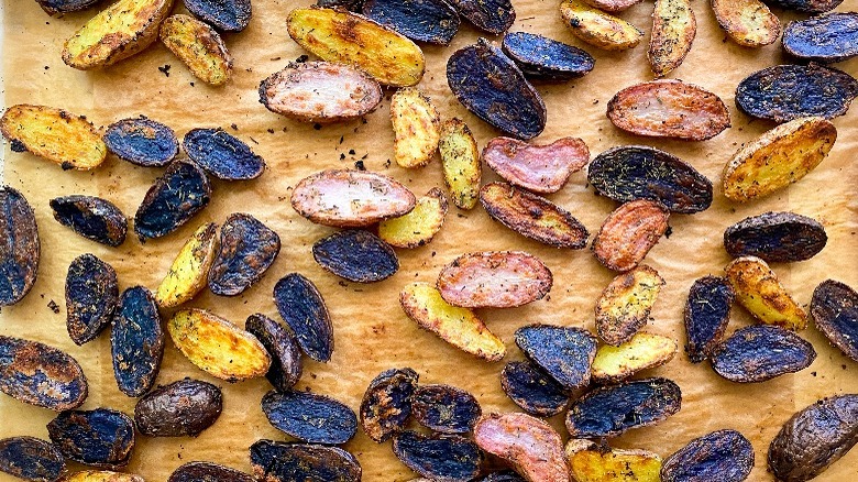 cooked potatoes on baking sheet 