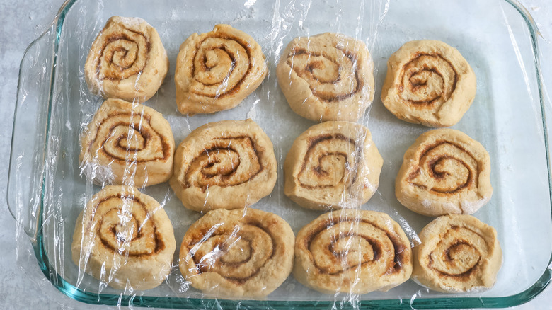 cinnamon rolls in baking dish