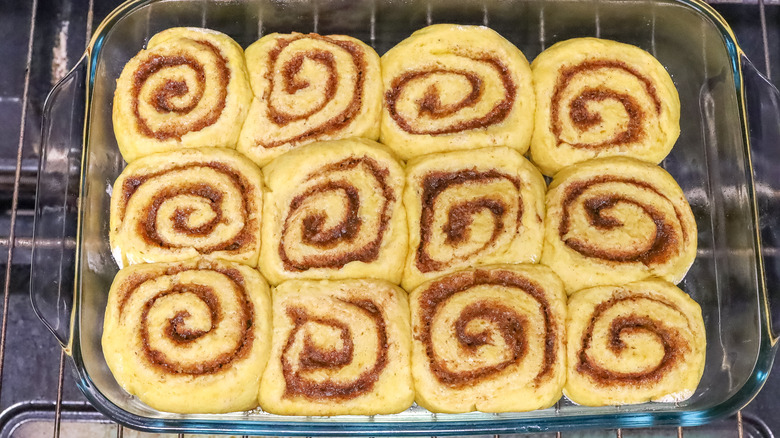 golden cinnamon rolls in dish