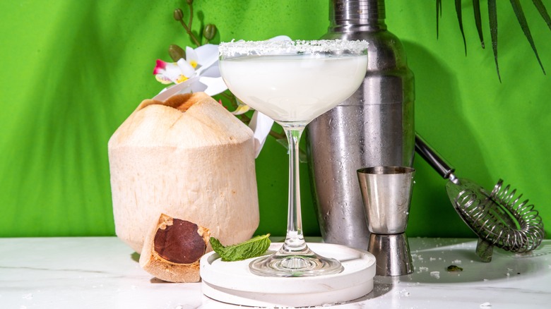 coconut cocktail in salt rimmed glass