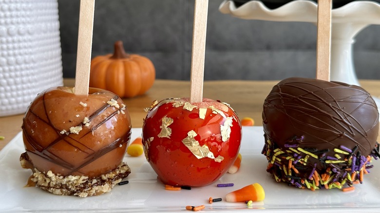 Candy apples three ways on platter