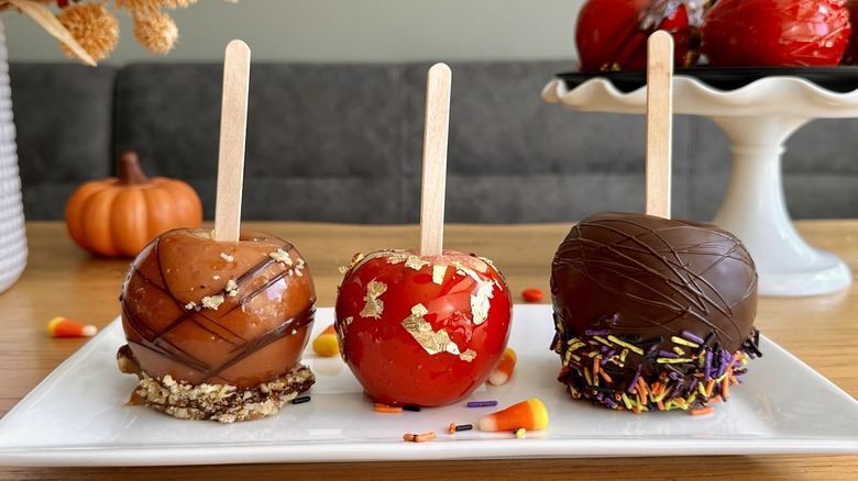 Candy apples three ways on platter