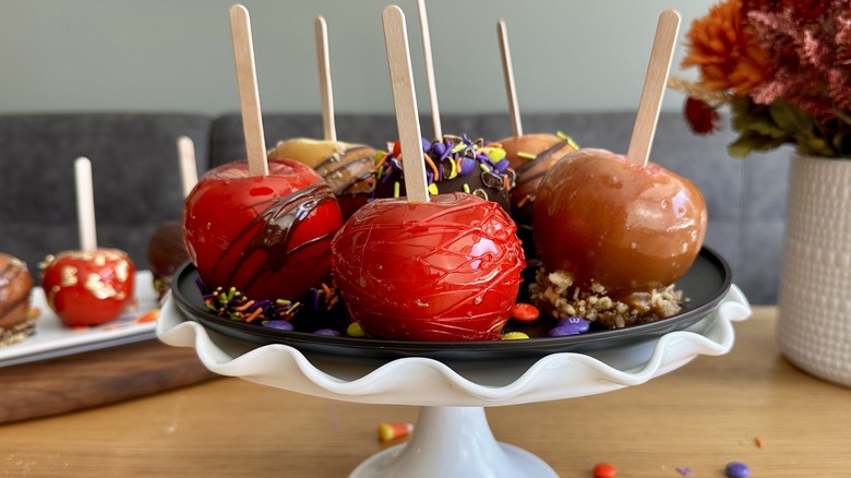 Candy apples on a cake platter