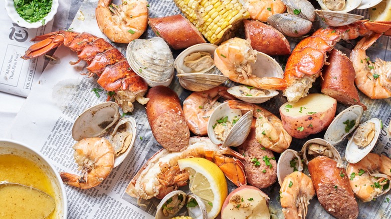 various seafood on newspaper