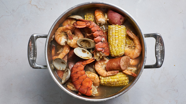 seafood in broth in a pot