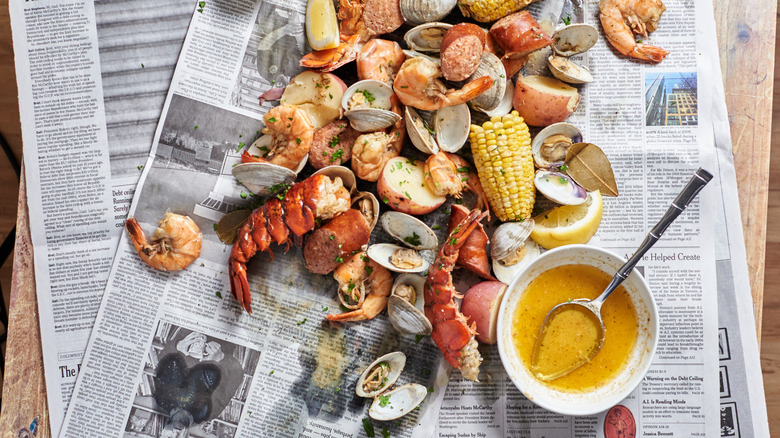 seafood spread on newspaper