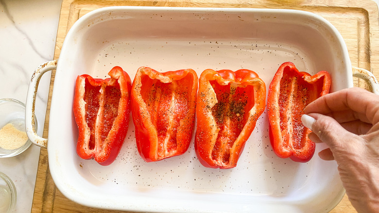 red pepper halves in pan