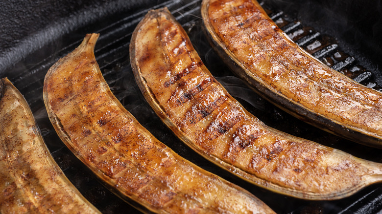 Banana halves on grill