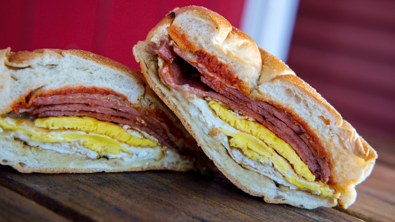 Close-up of pork roll sandwich