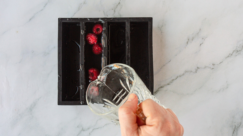 Adding water to ice cube tray with raspberries