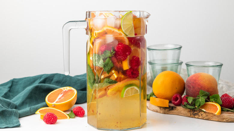 floral white wine sangria in pitcher 