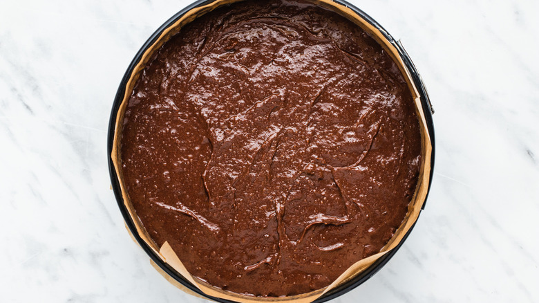 flourless chocolate cake in tin