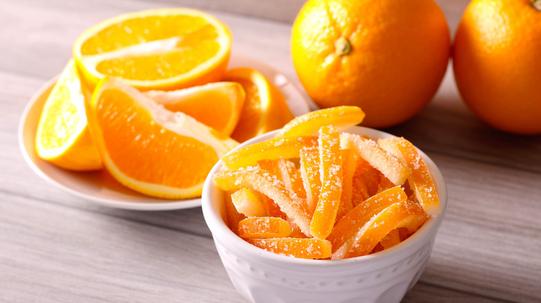 Candied orange peels and fresh orange slices