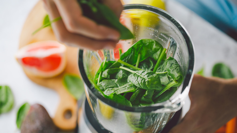 leafy green spinach in blender