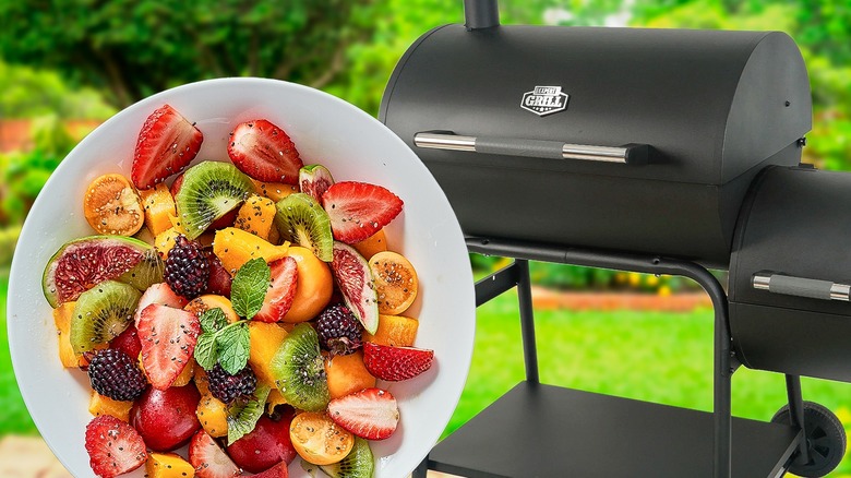 bowl of fruit salad and grill smoker