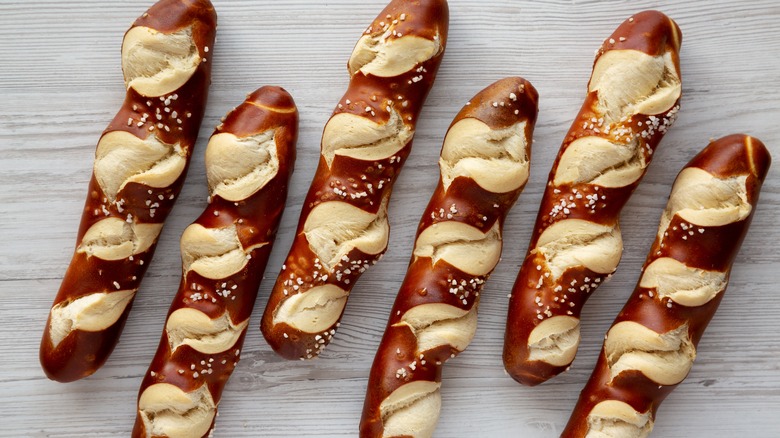 soft pretzel sticks in row