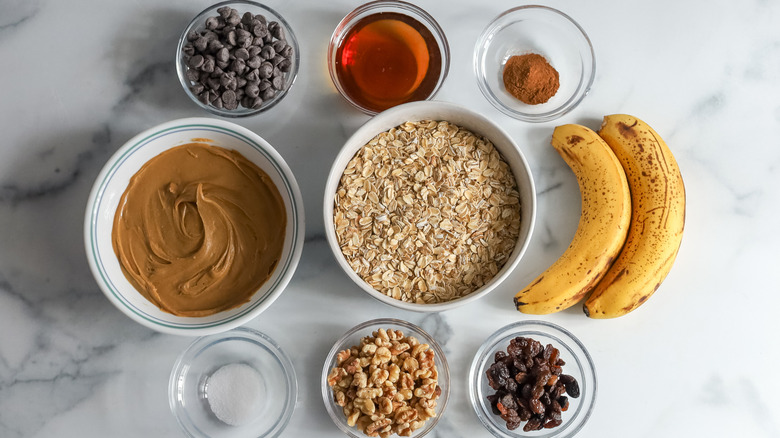 Ingredients for PB and Banana Oatmeal Breakfast Cookies on a table