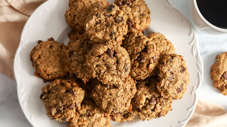overhead shot of a plate of PB and Banana Oatmeal Breakfast Cookies