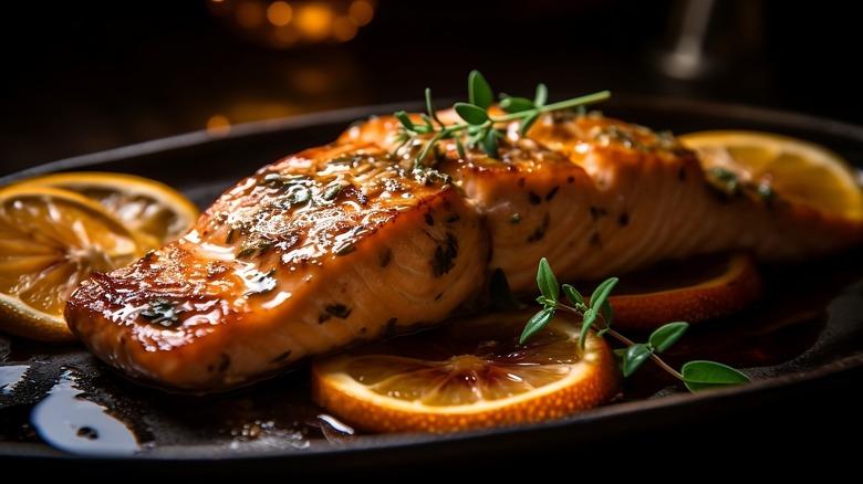 Glazed salmon with orange slices