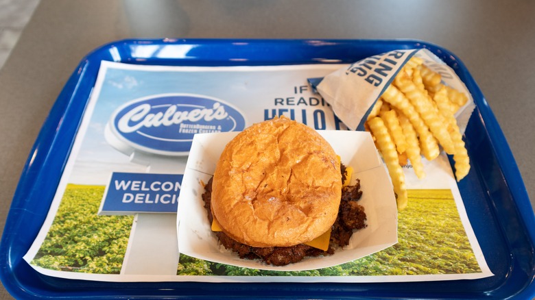 Culver's ButterBurger and fries on blue tray