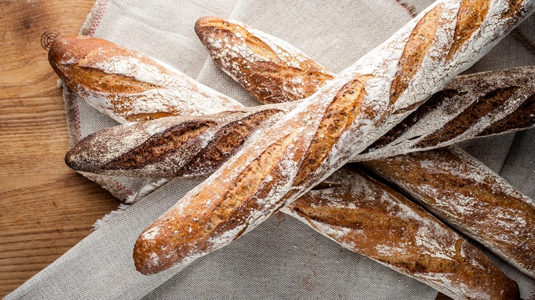 Whole French bread loaves 