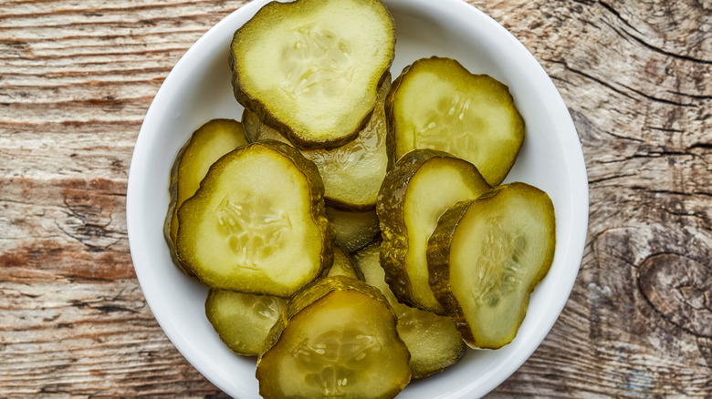 Thick sliced pickles in bowl