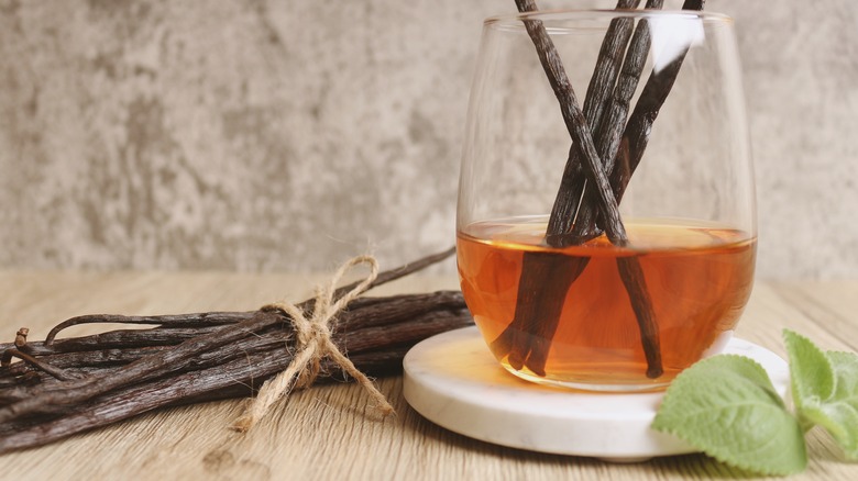 Vanilla bean pods soaking in alcohol