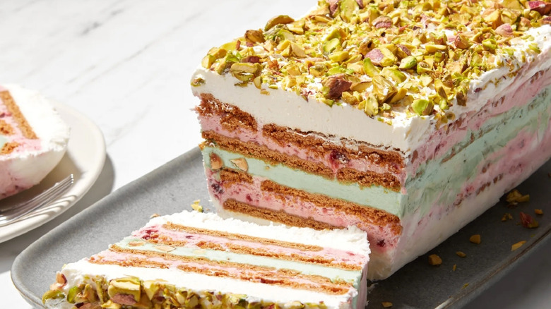 icebox cake with pistachio topping