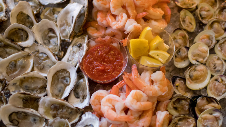 Seafood with cocktail sauce in bowl