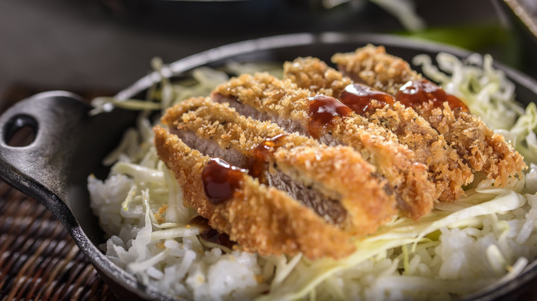 tonkatsu over rice with cabbage