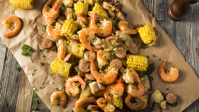 Shrimp boil with corn, potatoes, and sausage
