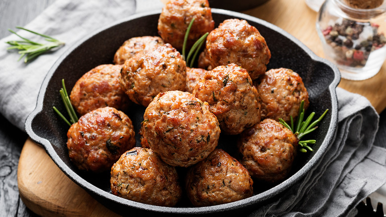 Pan of homemade chicken meatballs