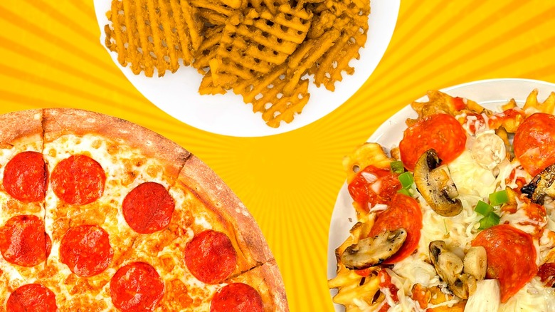 waffle fries, pizza, and pizza nachos 