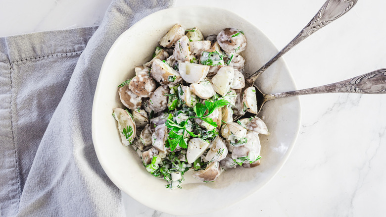 Buttermilk ranch potato salad in serving bowl