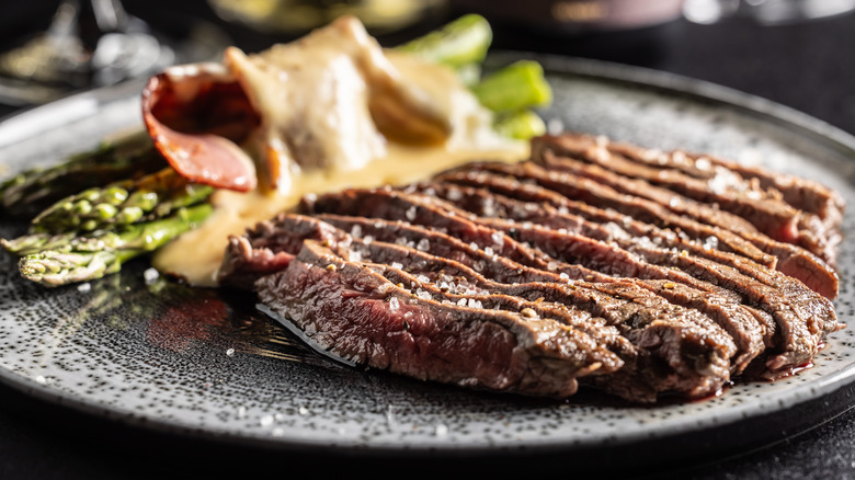 Close-up of sliced steak on plate