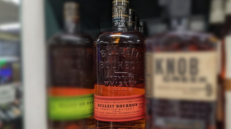 Bulleit bourbon on shelf at liquor store