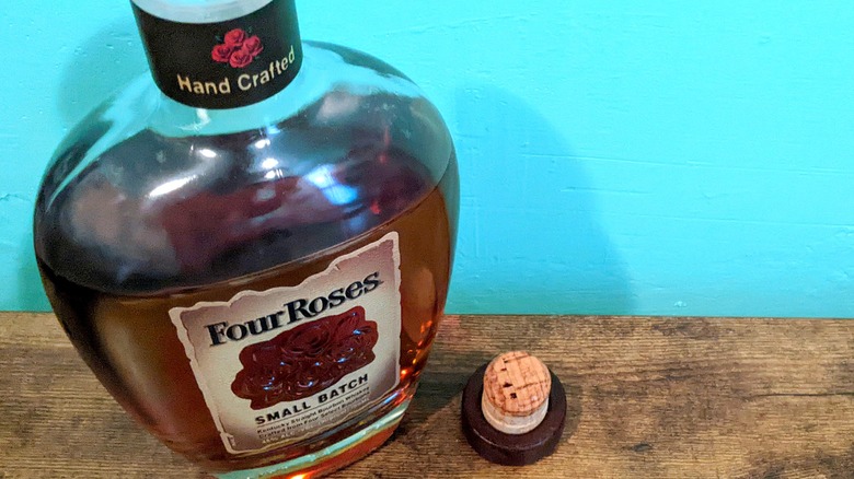 Closeup of Four Roses Small Batch bourbon bottleneck label