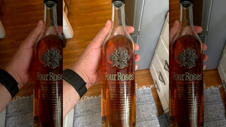 Closeup of Four Roses Small Batch bourbon bottle back label