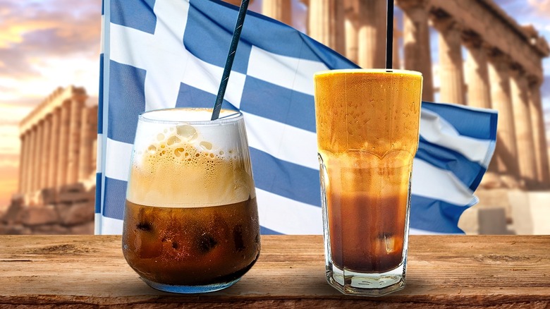 Iced freddo next to frappé with greek flag and ruins in background