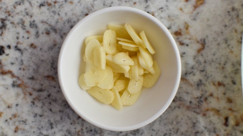 bowl of chopped garlic