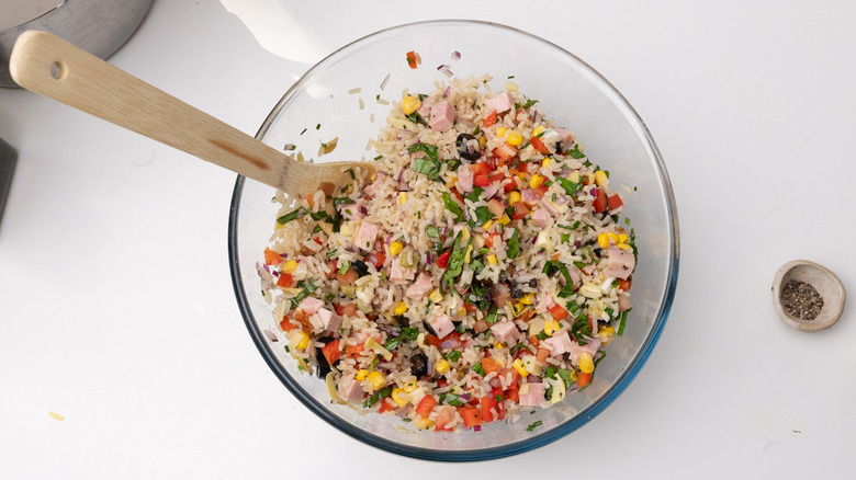 Italian rice salad in bowl