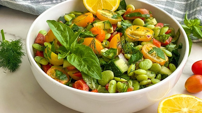 lima bean salad in white bowl