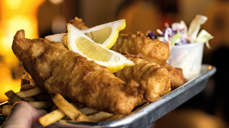 fish and chips on tray